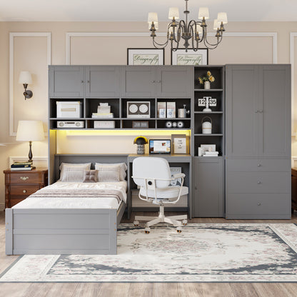 Wooden Twin Size Platform Bed with Desk, Wardrobe, Cabinets, Drawers, and Shelves, Gray