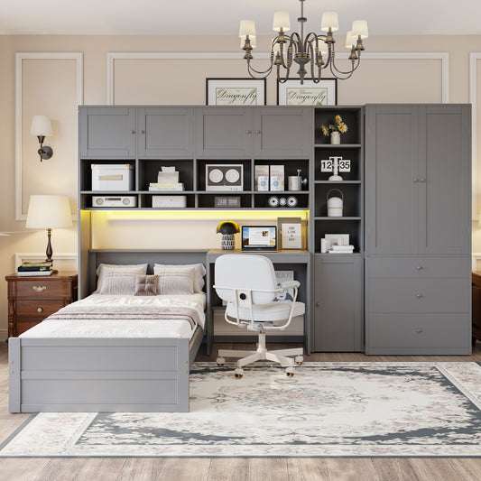 Wooden Twin Size Platform Bed with Desk, Wardrobe, Cabinets, Drawers, and Shelves, Gray