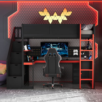 Twin Size Wooden Gaming Loft Bed with Storage Stairs, Desk, Shelves & Pegboard, Black+Red