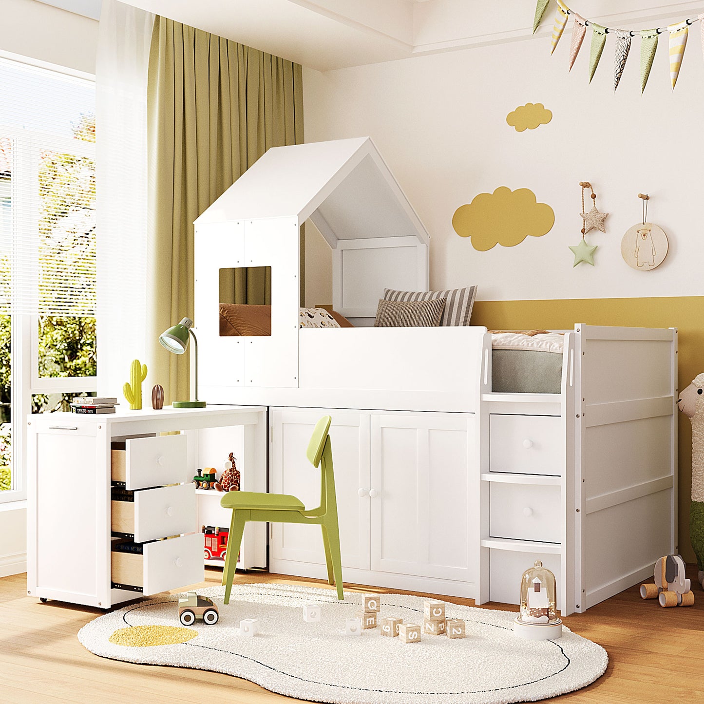 Twin Size Wooden Loft Bed with Desk, Drawers,Cabinets,White
