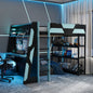Full Size Gaming Loft Bed with Desk, Shelves & LED Lights, Black+Blue