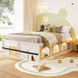Queen Size Wooden Platform Bed with Bookshelf, Display Cabinet, LED Light and Drawer, White+Natural