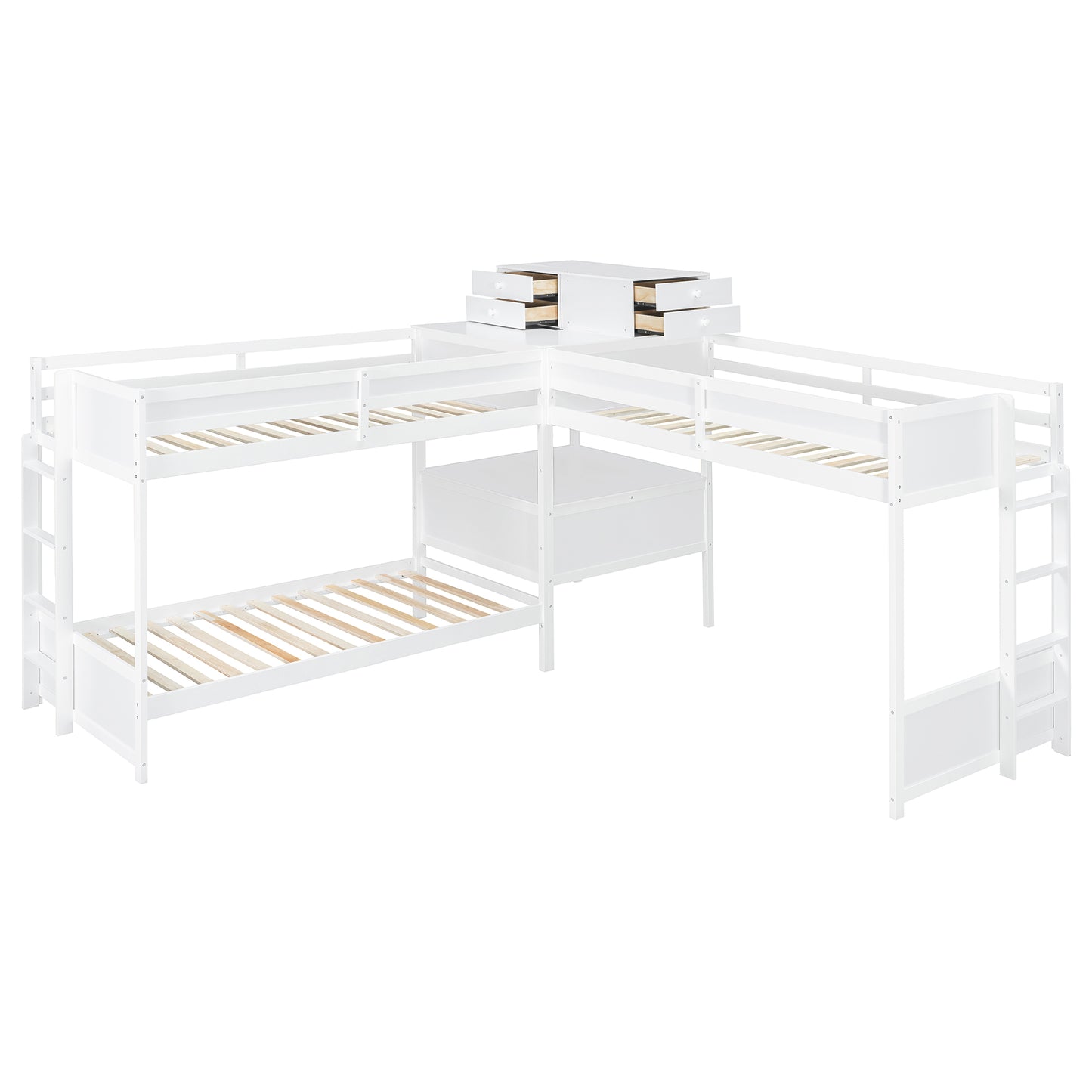L-Shaped Bunk Bed with Desk - Twin Size, White Wood for Bedroom