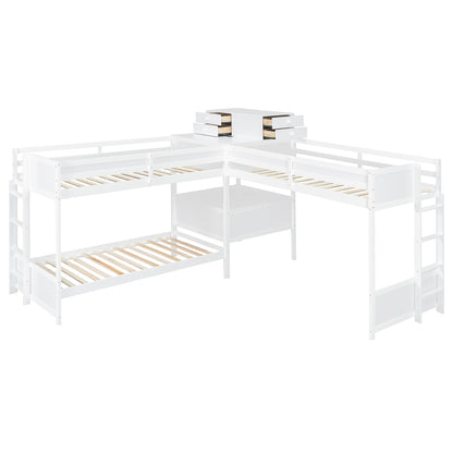 L-Shaped Bunk Bed with Desk - Twin Size, White Wood for Bedroom