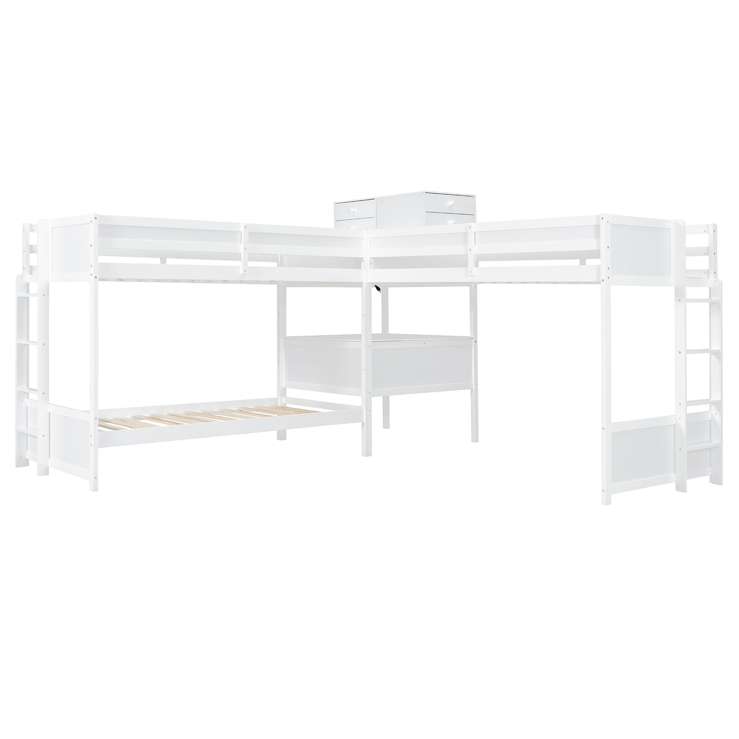 L-Shaped Bunk Bed with Desk - Twin Size, White Wood for Bedroom