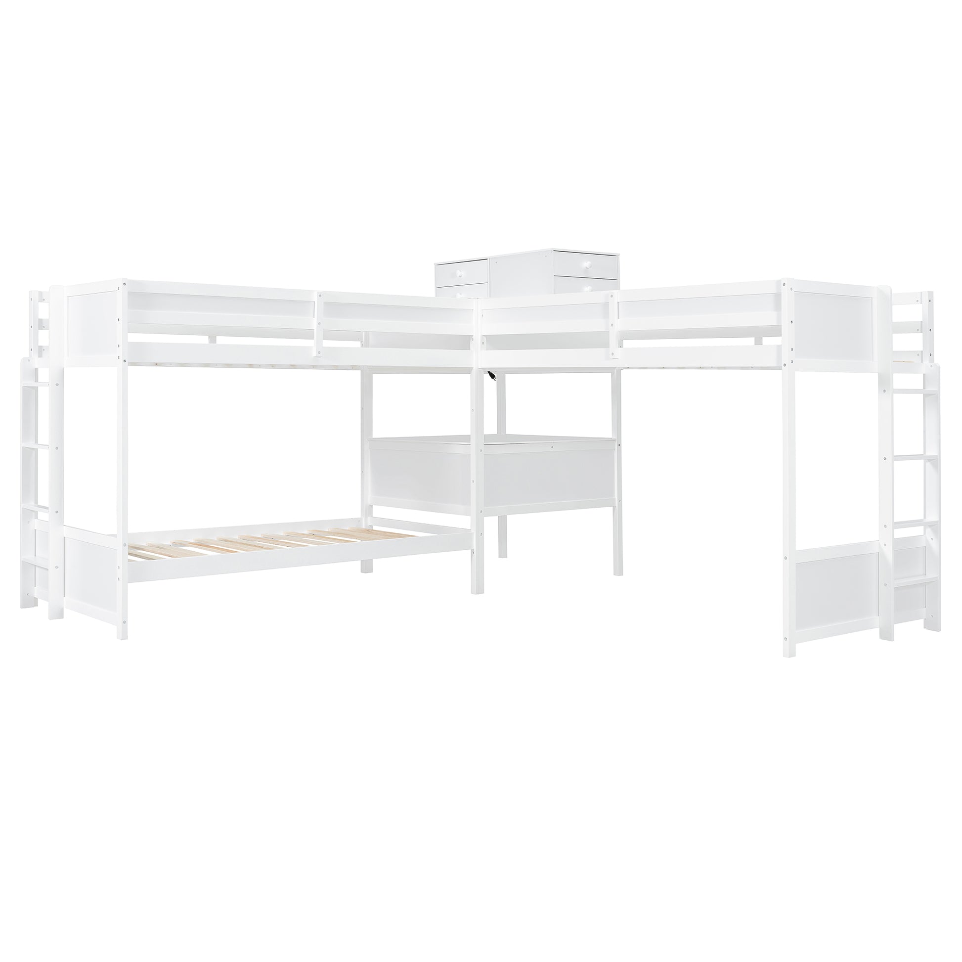 L-Shaped Bunk Bed with Desk - Twin Size, White Wood for Bedroom