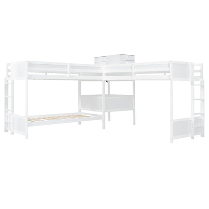 L-Shaped Bunk Bed with Desk - Twin Size, White Wood for Bedroom