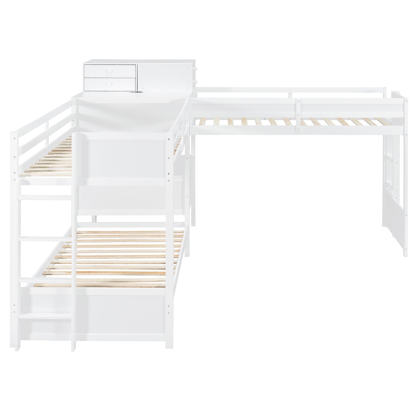L-Shaped Bunk Bed with Desk - Twin Size, White Wood for Bedroom