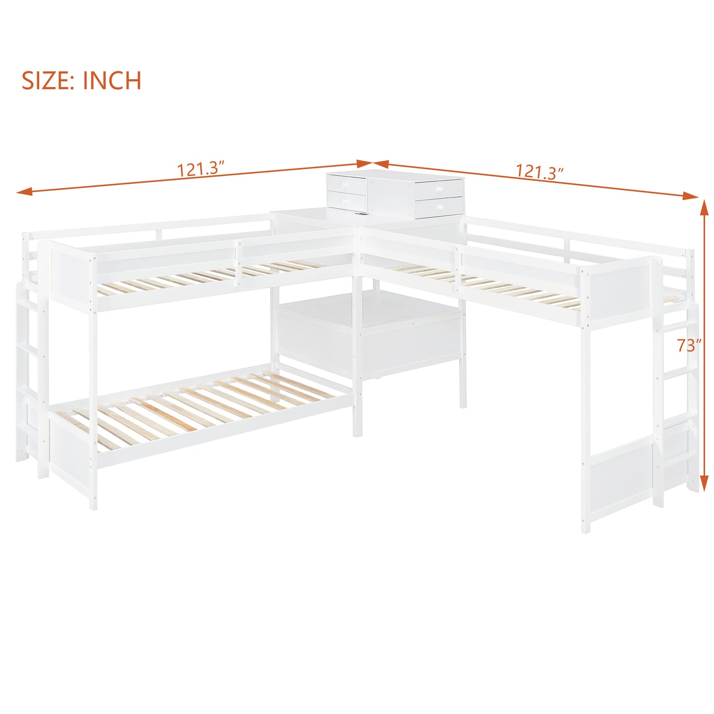 L-Shaped Bunk Bed with Desk - Twin Size, White Wood for Bedroom