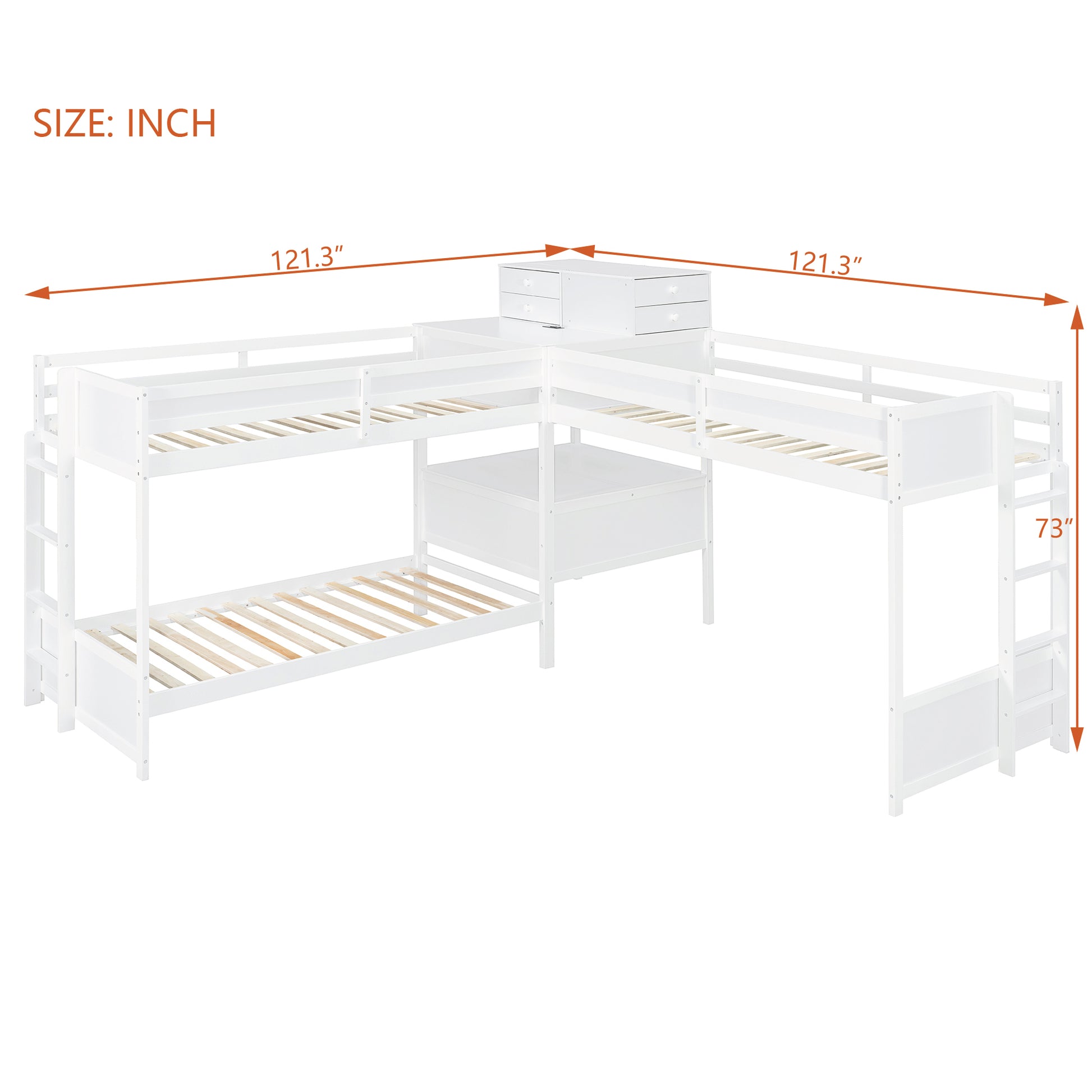 L-Shaped Bunk Bed with Desk - Twin Size, White Wood for Bedroom