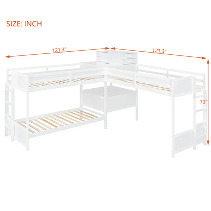 L-Shaped Bunk Bed with Desk - Twin Size, White Wood for Bedroom