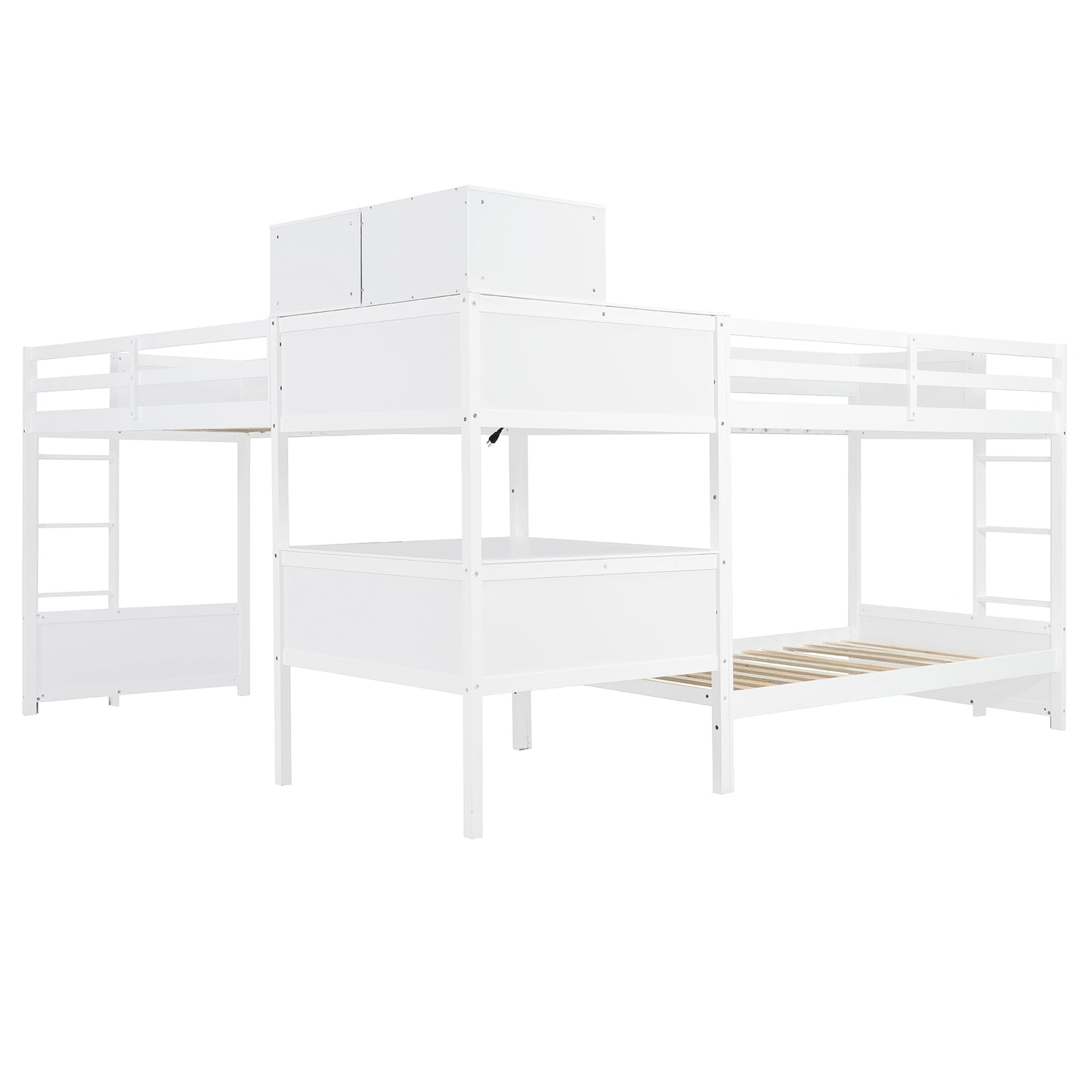 L-Shaped Bunk Bed with Desk - Twin Size, White Wood for Bedroom