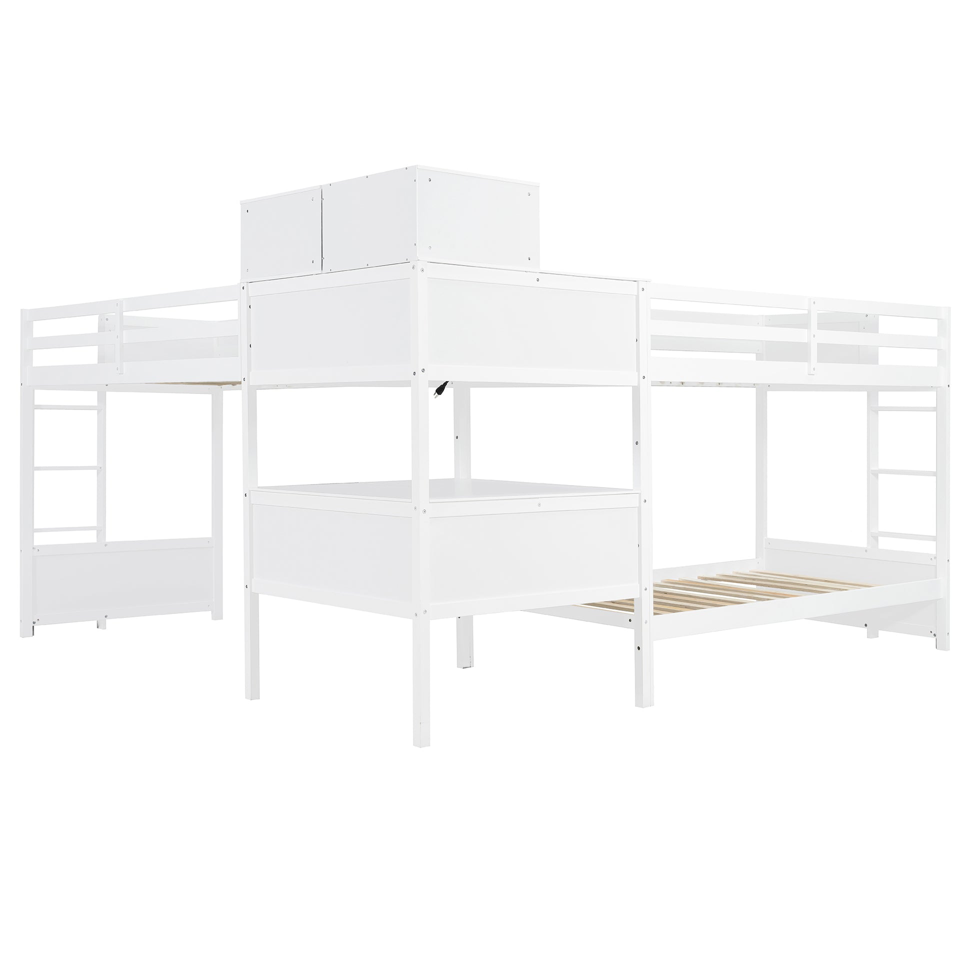 L-Shaped Bunk Bed with Desk - Twin Size, White Wood for Bedroom