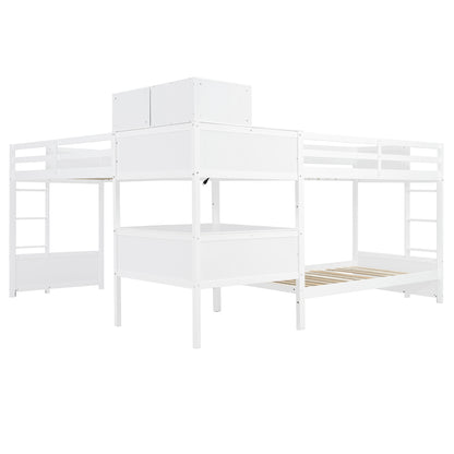 L-Shaped Bunk Bed with Desk - Twin Size, White Wood for Bedroom