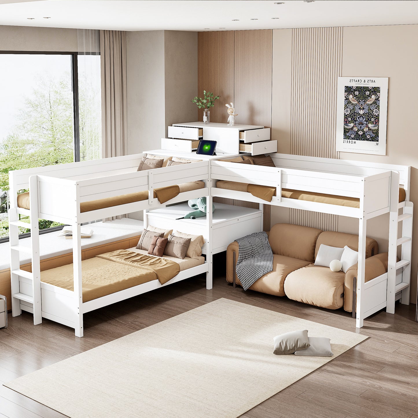 Twin size L-Shaped Bunk Bed with Built-in Desk, 4 Drawers and USB Ports & Power Outlet, White