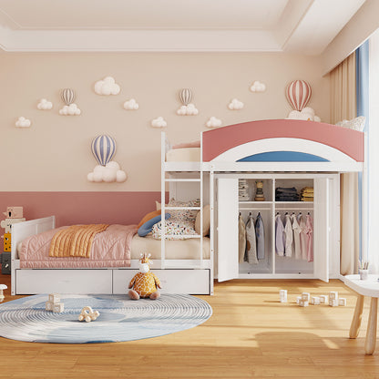 Full Size Offset Bunk Bed with Wardrobe & Drawers, Upholstered Guardrail, Built-in Hanging Rod, White