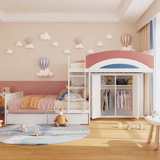 Full Size Offset Bunk Bed with Wardrobe & Drawers, Upholstered Guardrail, Built-in Hanging Rod, White