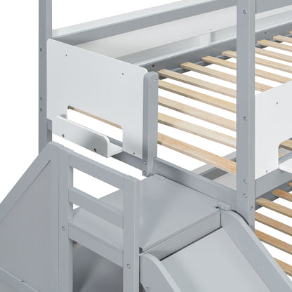 House-Shaped Bunk Bed with Slide - Twin/Full Storage
