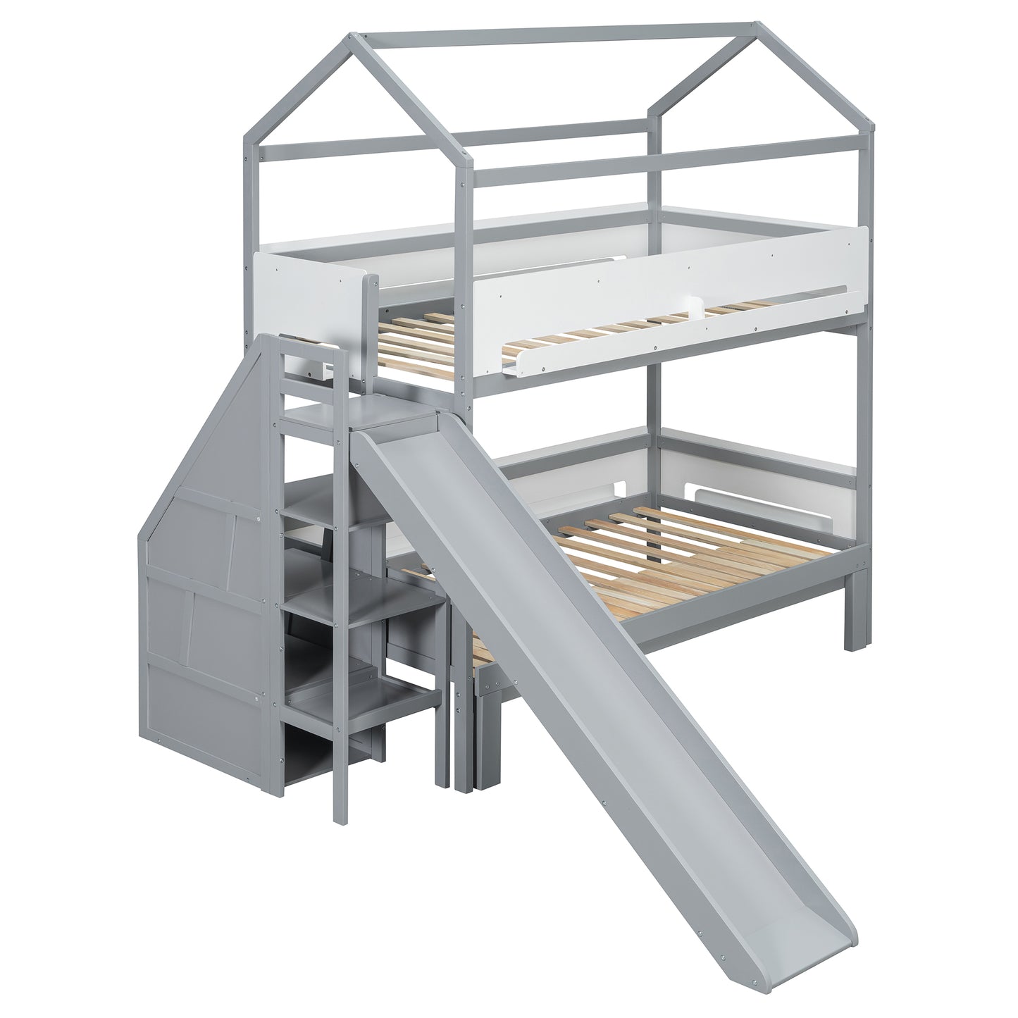 House-Shaped Bunk Bed with Slide - Twin/Full Storage