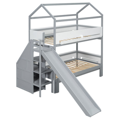 House-Shaped Bunk Bed with Slide - Twin/Full Storage