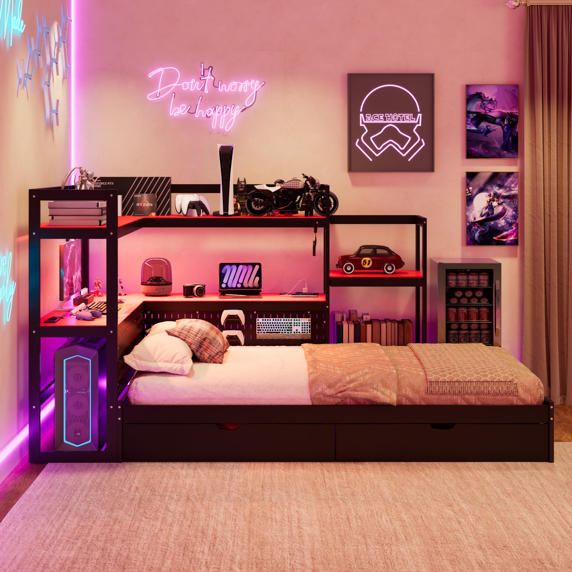 Twin Size Gaming Daybed with Integrated Desk and LED Light, Modern Wooden Bed Frame with 3 Storage Drawers and Built-in Charging Station, Multi-Functional Headboard Bookcase, Black+Red