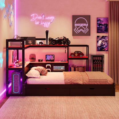 Twin Size Gaming Daybed with Integrated Desk and LED Light, Modern Wooden Bed Frame with 3 Storage Drawers and Built-in Charging Station, Multi-Functional Headboard Bookcase, Black+Red