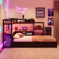 Twin Size Gaming Daybed with Integrated Desk and LED Light, Modern Wooden Bed Frame with 3 Storage Drawers and Built-in Charging Station, Multi-Functional Headboard Bookcase, Black+Red