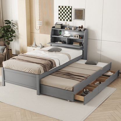 Twin Size Gray Plywood Bed with Trundle & Storage