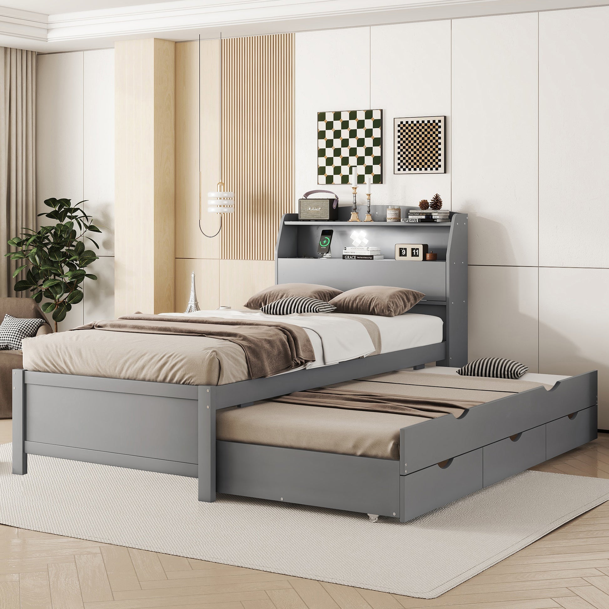 Twin Size Gray Plywood Bed with Trundle & Storage