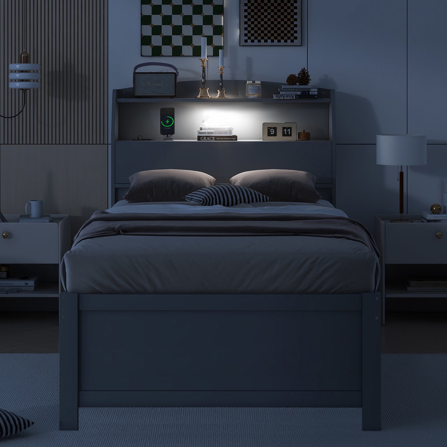 Twin Size Gray Plywood Bed with Trundle & Storage