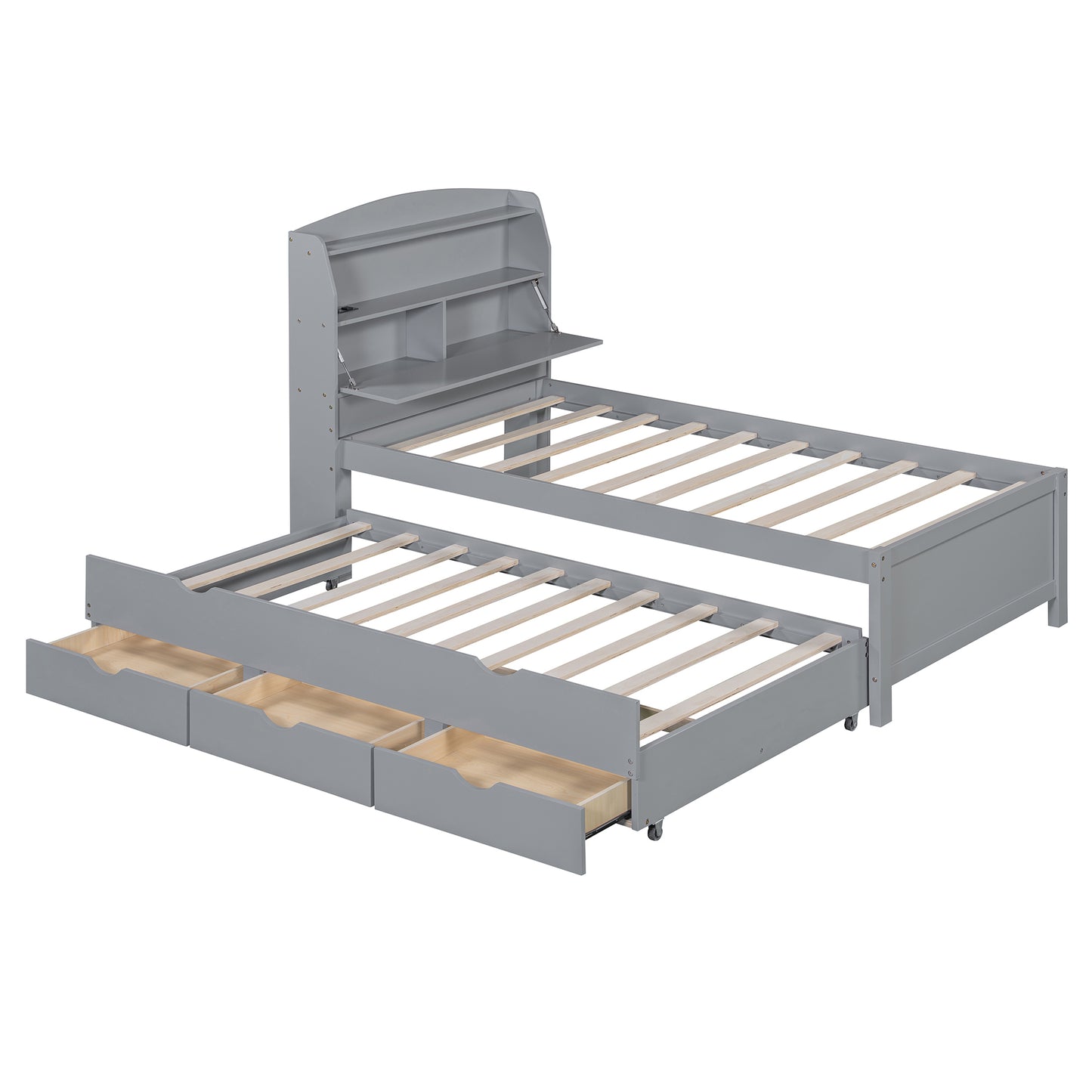 Twin Size Gray Plywood Bed with Trundle & Storage