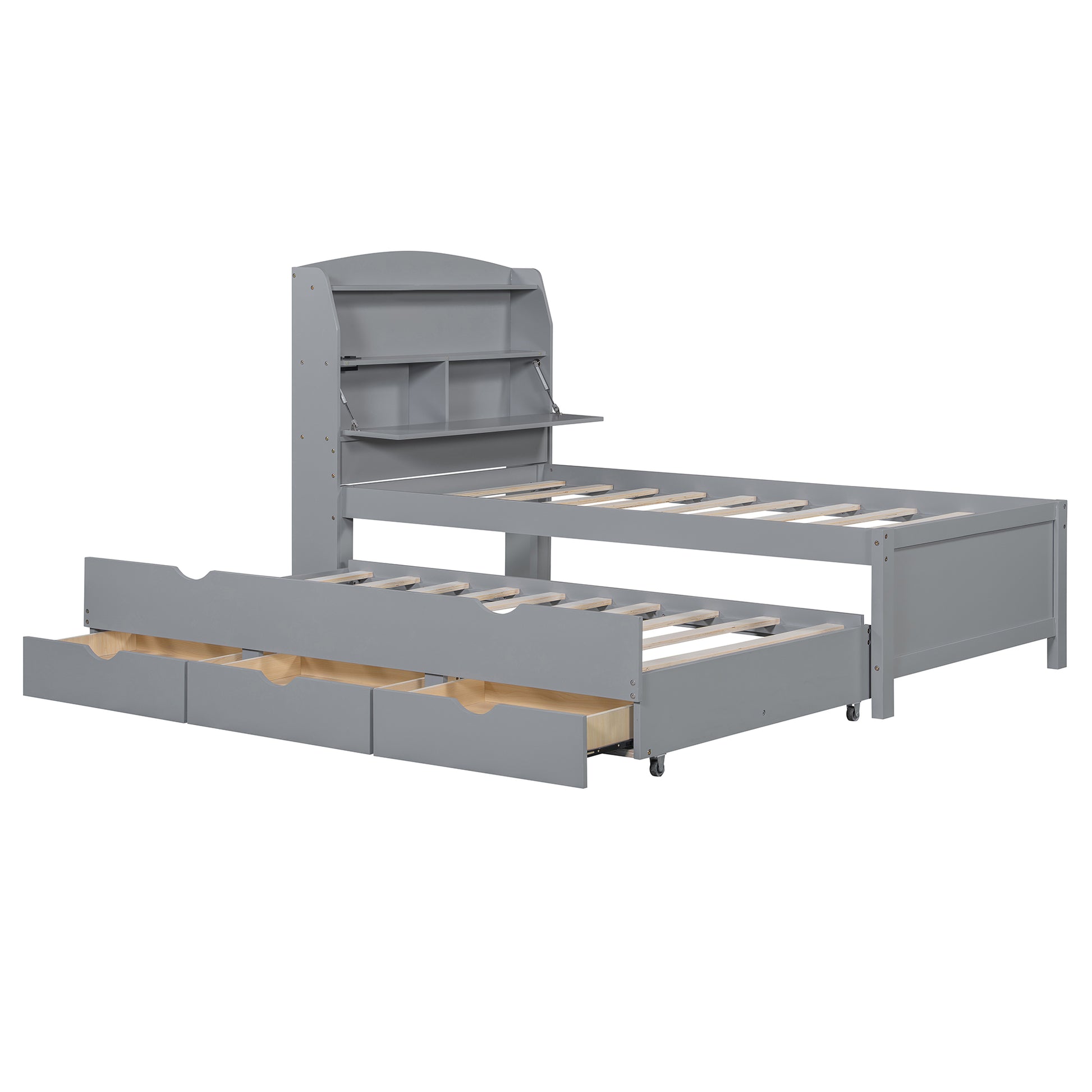 Twin Size Gray Plywood Bed with Trundle & Storage