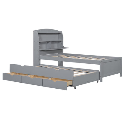 Twin Size Gray Plywood Bed with Trundle & Storage