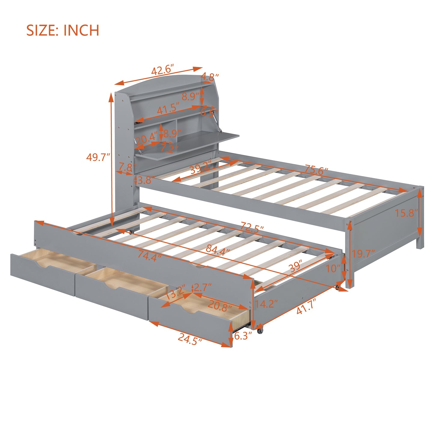 Twin Size Gray Plywood Bed with Trundle & Storage