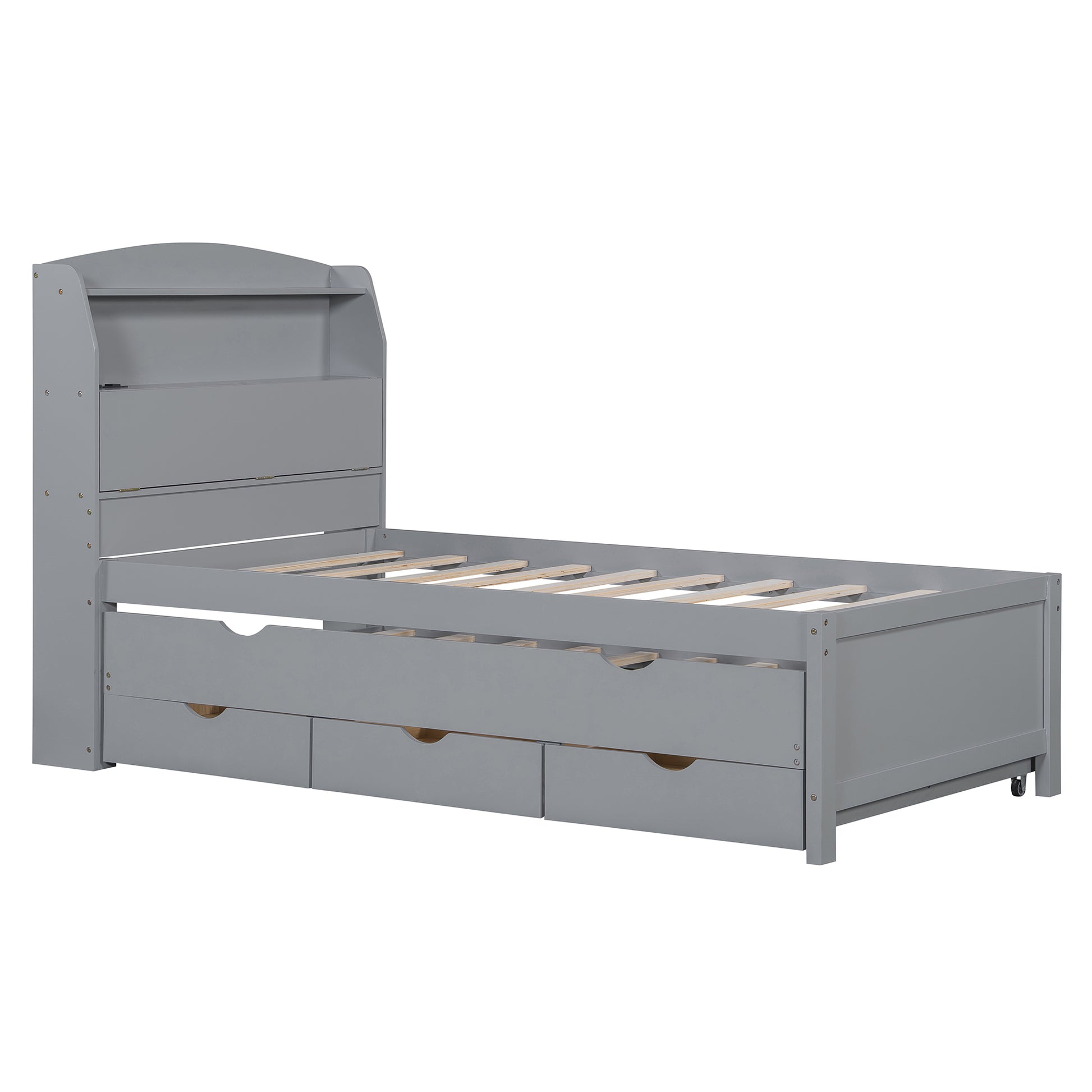 Twin Size Gray Plywood Bed with Trundle & Storage
