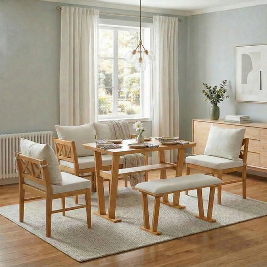 Small Farmhouse Solid Wood Kitchen Nook Dining Room Breakfast Nook Table Set for 6, Space Saving High Top Corner Dining Table with Bench and Chairs (6 Piece)