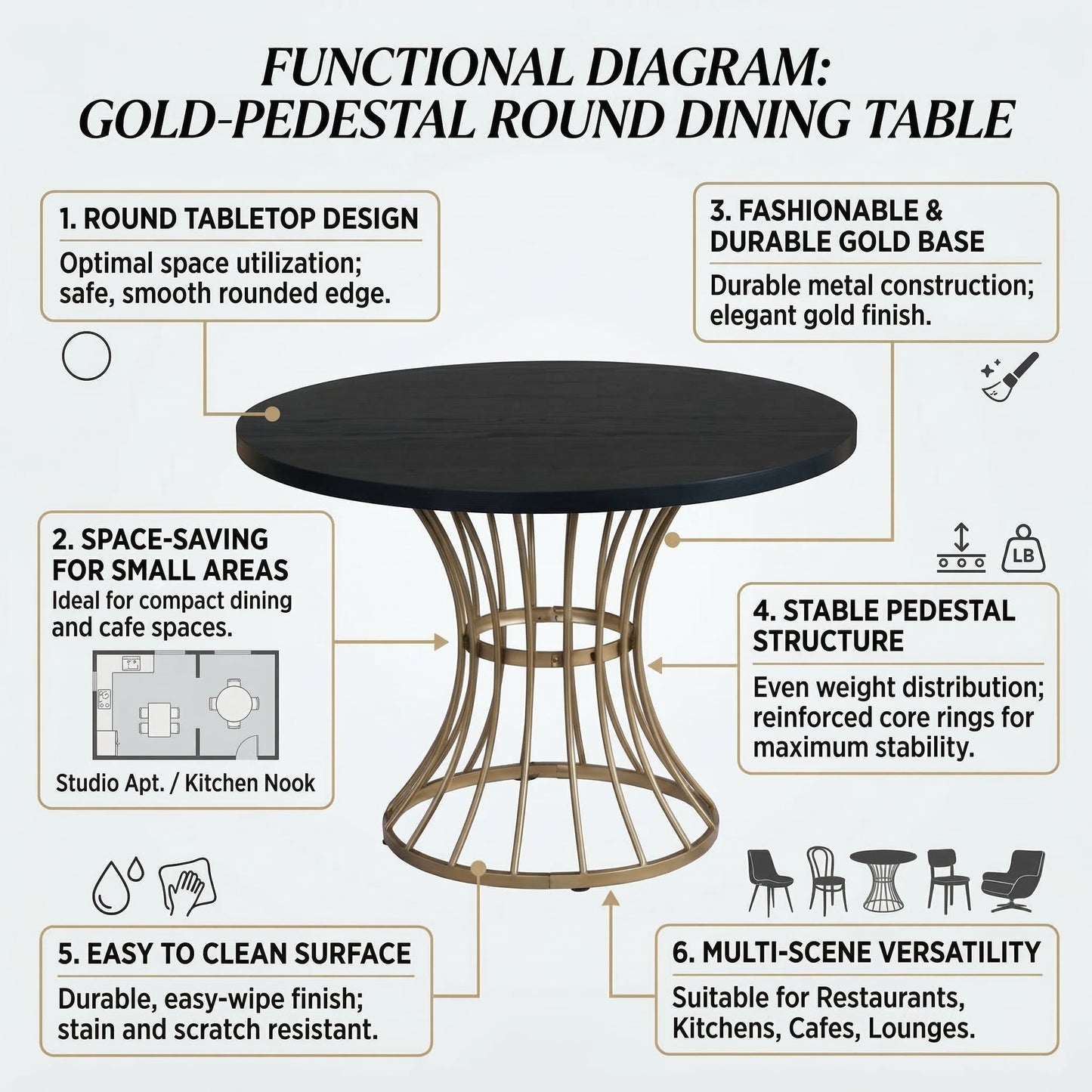 42" Round Dark Oak Dining Set - Table & Chairs, Iron Base for Dining Room