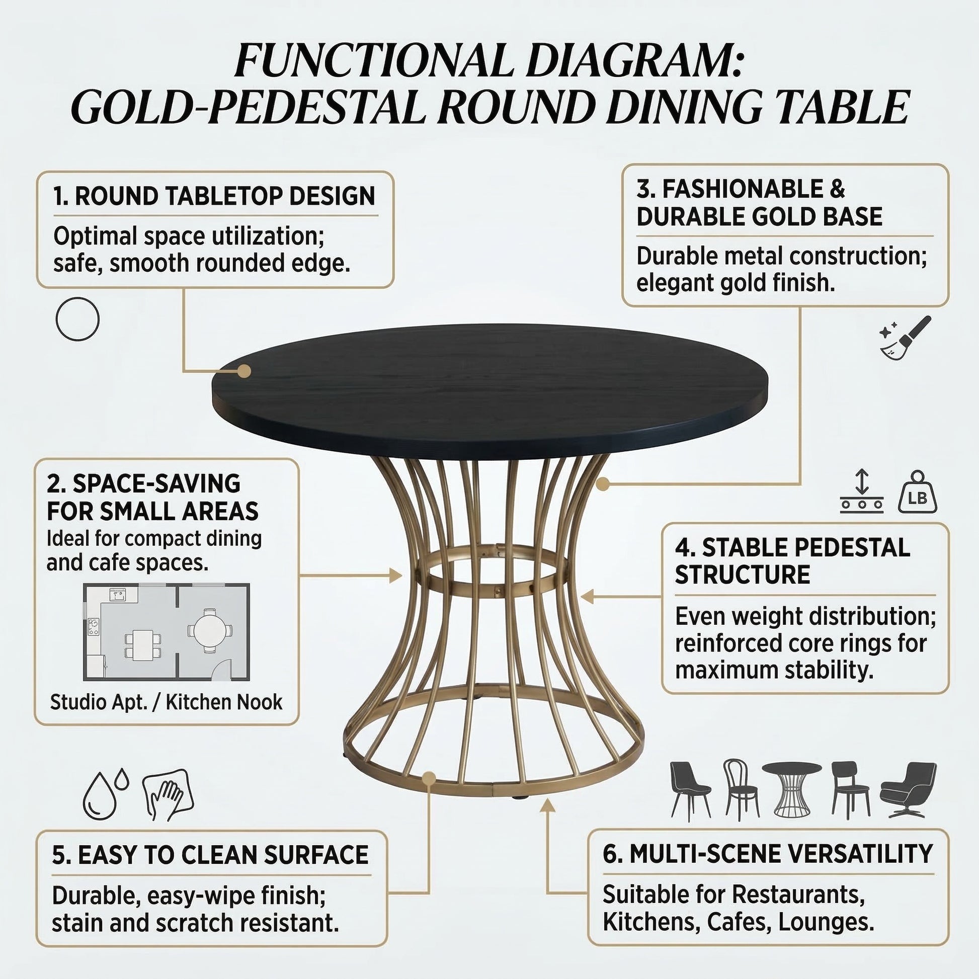42" Round Dark Oak Dining Set - Table & Chairs, Iron Base for Dining Room