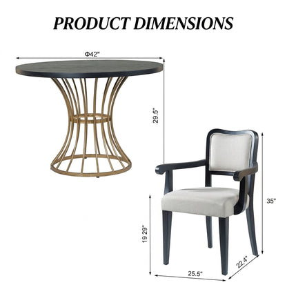 42" Round Dark Oak Dining Set - Table & Chairs, Iron Base for Dining Room