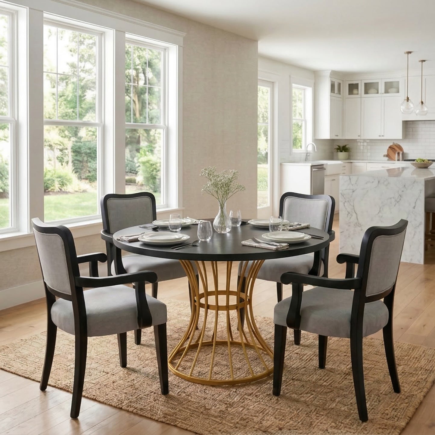 42" Round Dark Oak Dining Set - Table & Chairs, Iron Base for Dining Room