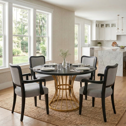 42" Round Dark Oak Dining Set - Table & Chairs, Iron Base for Dining Room