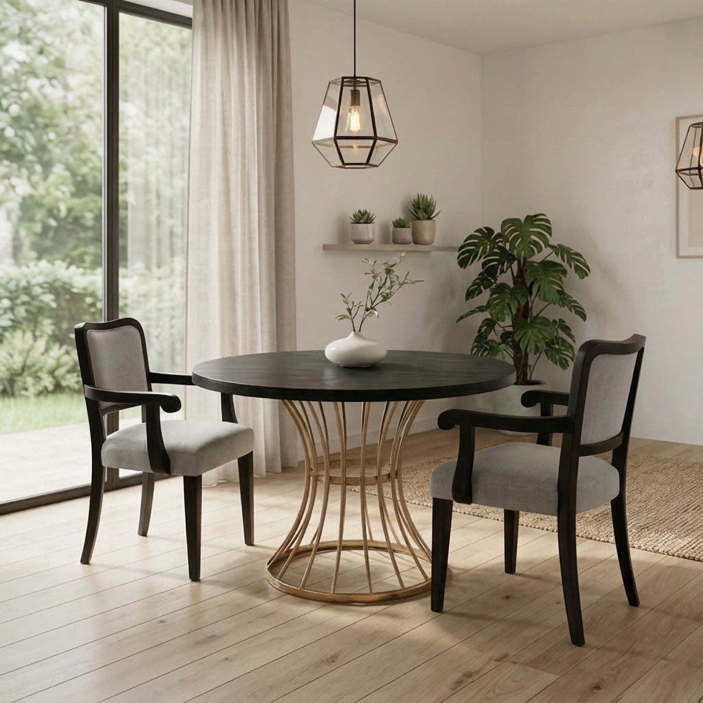 42" Round Dark Oak Dining Set – Solid Wood-Look Veneer Table + 2 Upholstered Walnut-Finish Chairs, Heavy-Duty Iron Base, Space-Saving 3-Piece Kitchen Nook Furniture, Rustic-Modern Style