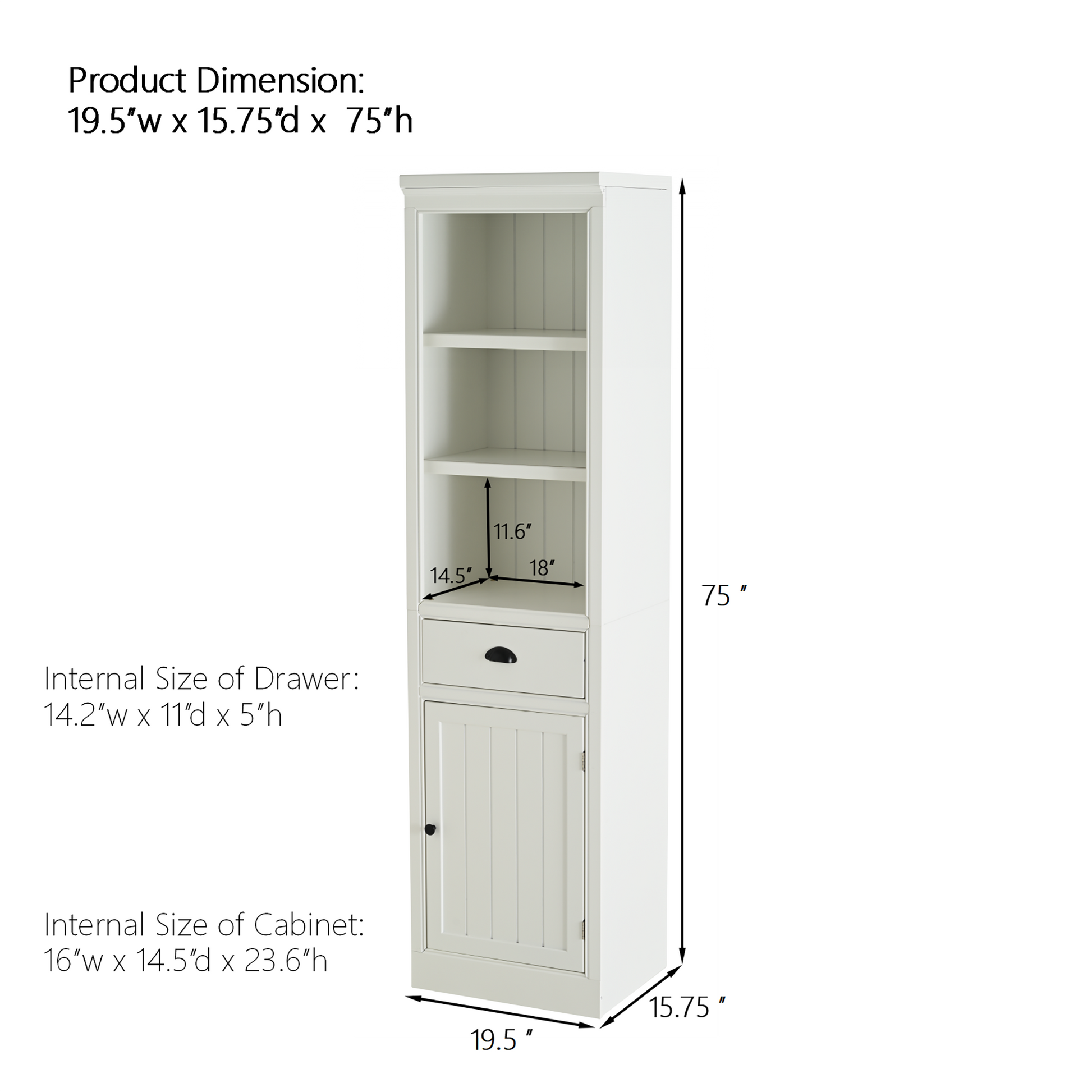 Retro White MDF Bookshelf with Storage Cabinet - 75" Freestanding Display Shelf