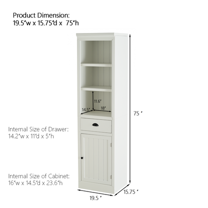 Retro White MDF Bookshelf with Storage Cabinet - 75" Freestanding Display Shelf