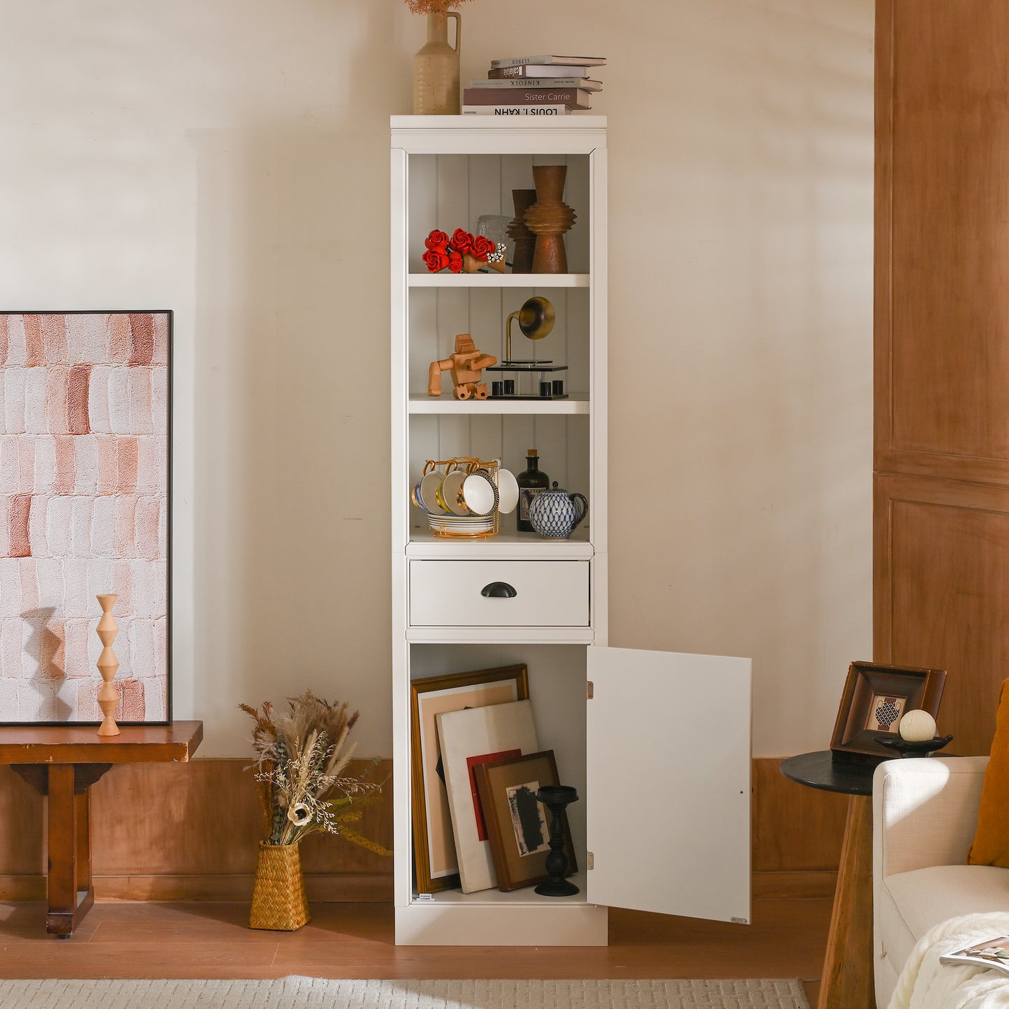 Retro White MDF Bookshelf with Storage Cabinet - 75" Freestanding Display Shelf