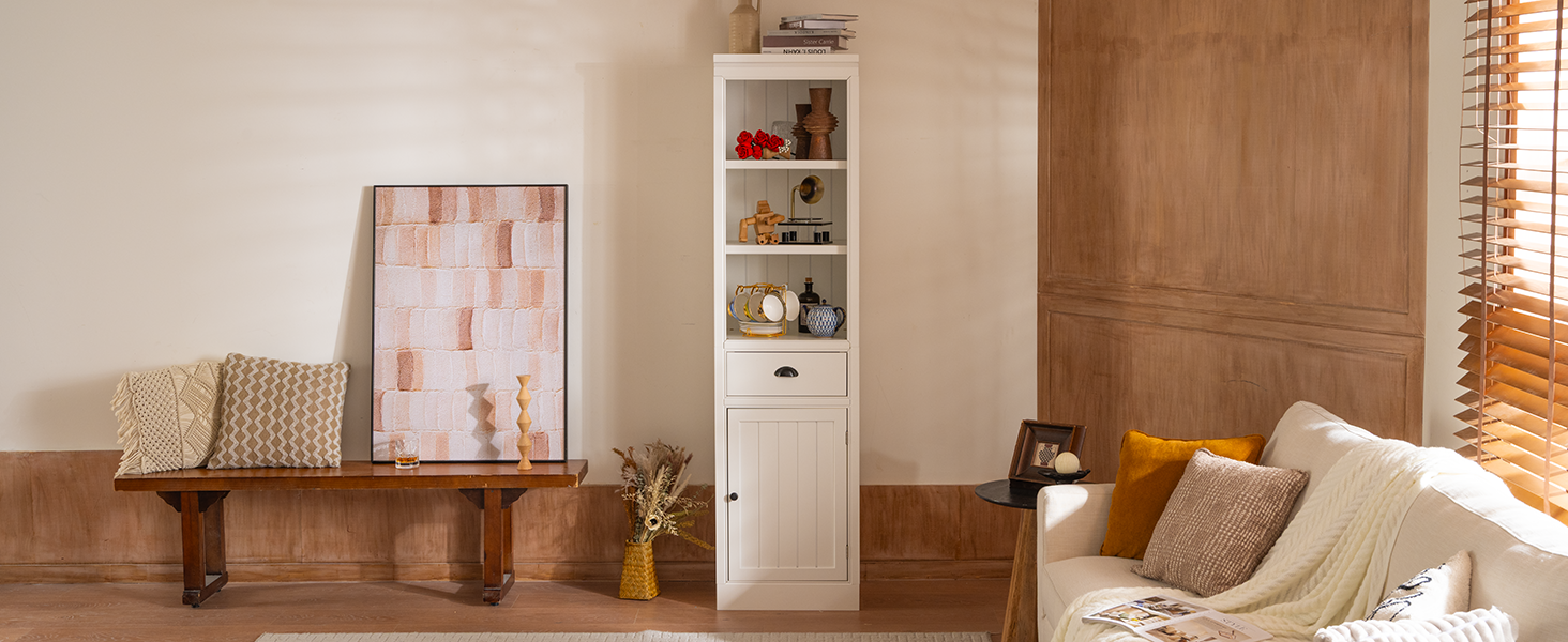 Retro White MDF Bookshelf with Storage Cabinet - 75" Freestanding Display Shelf