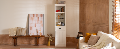 Retro White MDF Bookshelf with Storage Cabinet - 75" Freestanding Display Shelf