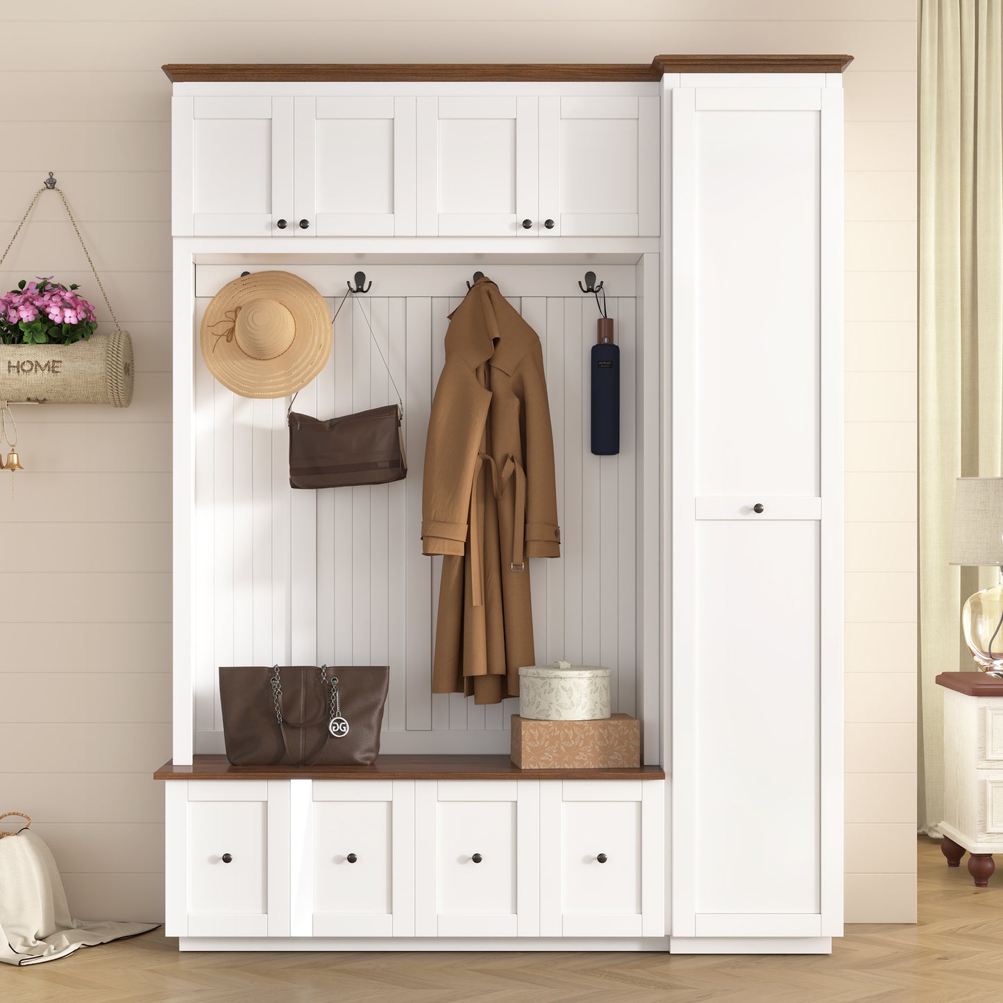 White MDF Hall Tree with Storage Bench - 78.7" Entryway Coat Rack