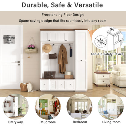 White MDF Hall Tree with Storage Bench - 78.7" Entryway Coat Rack
