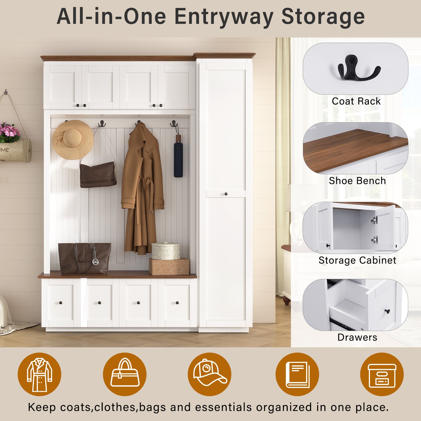 White MDF Hall Tree with Storage Bench - 78.7" Entryway Coat Rack